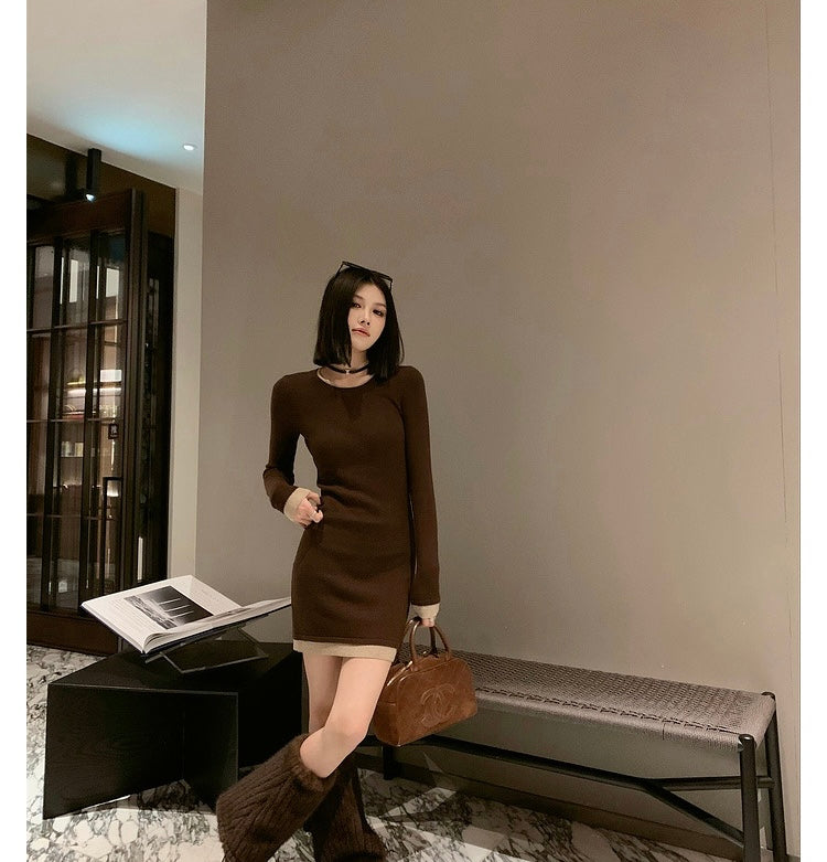Sun. 顯瘦修身拼色辣妹裙 咖