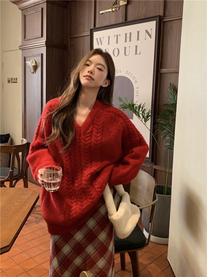 Fri. 復古節慶日 V領麻花針織上衣 格紋半身裙 紅