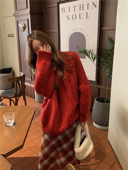Fri. 復古節慶日 V領麻花針織上衣 格紋半身裙 紅