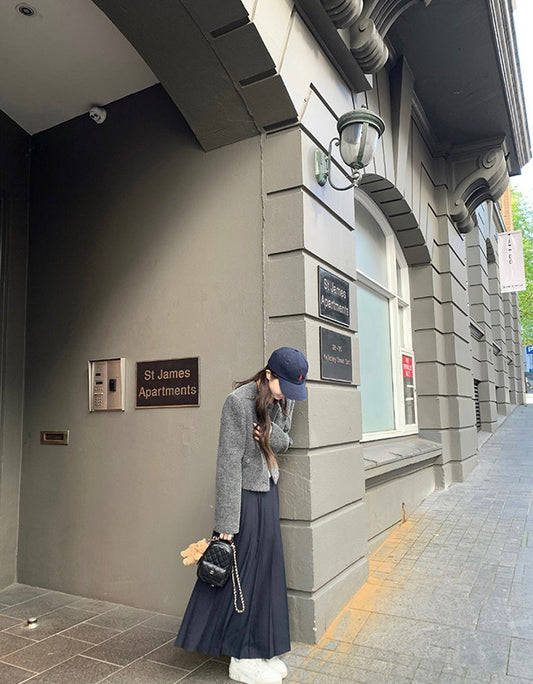 Mon. 美學學院 中長款百褶半身裙 灰/藏藍