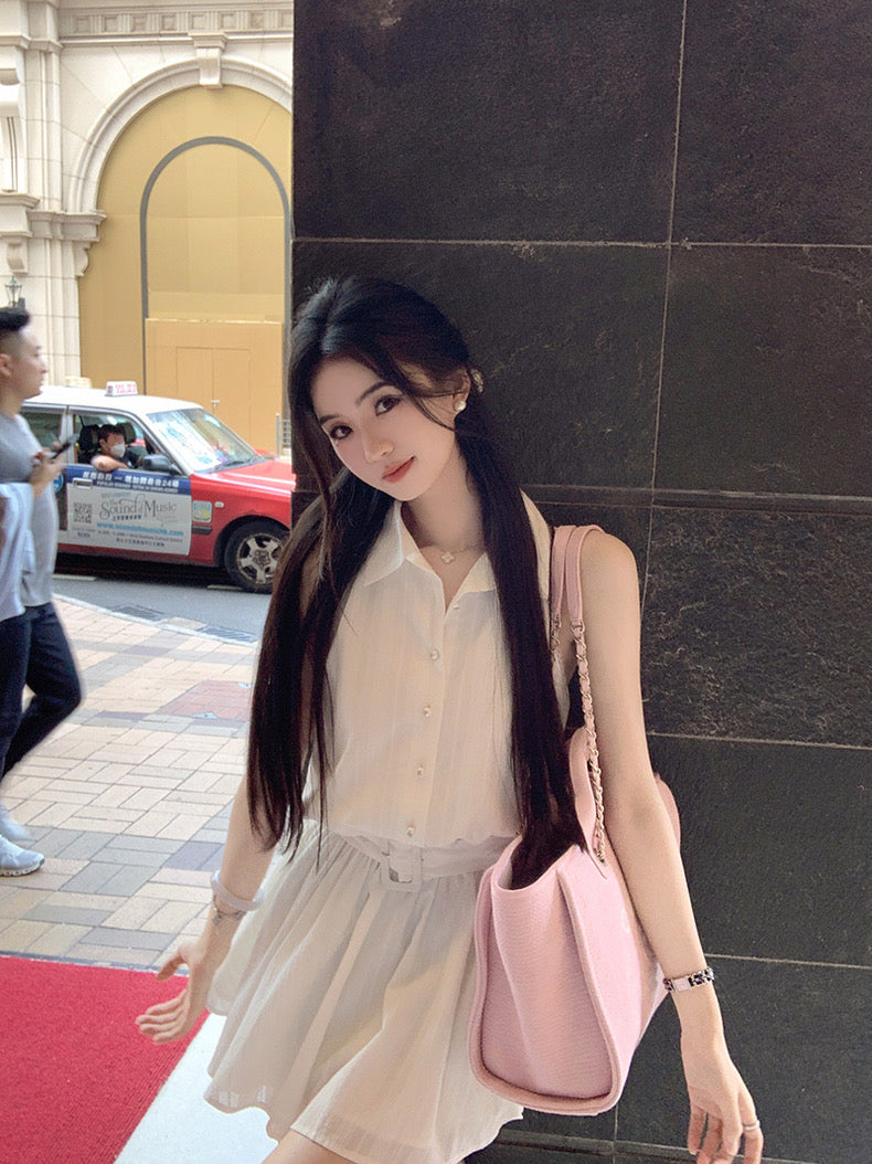 Tue. 初戀氣質 溫柔挖肩襯衫連身裙 白