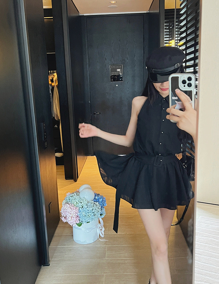 Tue. 初戀氣質 溫柔挖肩襯衫連身裙 黑