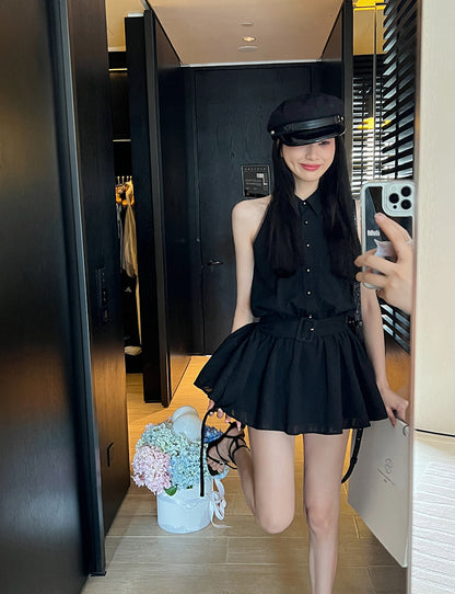 Tue. 初戀氣質 溫柔挖肩襯衫連身裙 黑