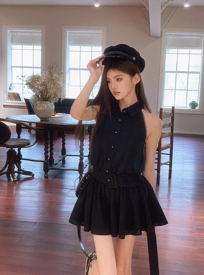 Tue. 初戀氣質 溫柔挖肩襯衫連身裙 黑