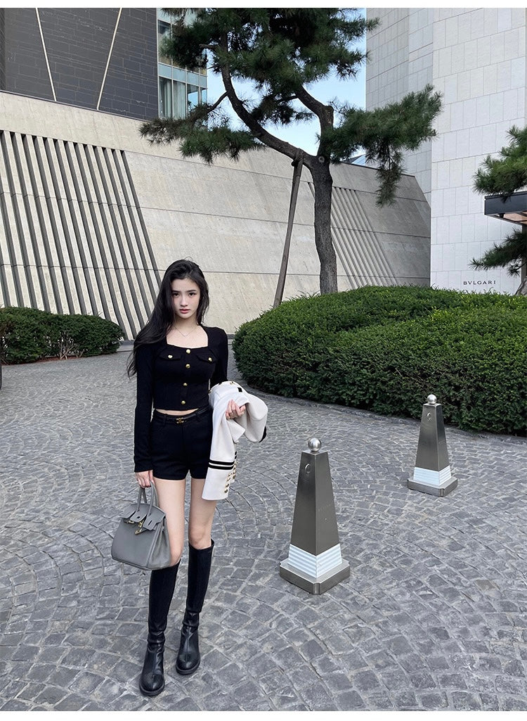 Wed. 極致鉤系 美鎖骨修身短上衣 黑
