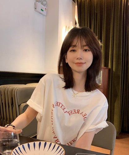 Wed. 休閒寬鬆字母愛心圓領T 白