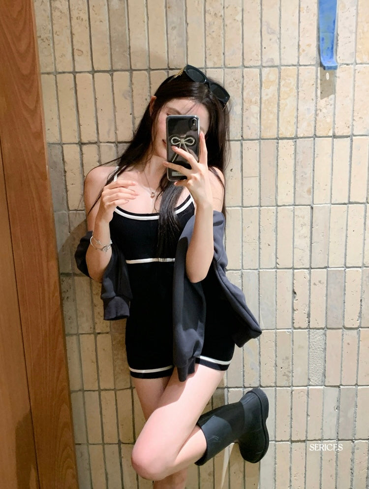 Wed. 露思休閒慵懶私服穿搭款 斜肩上衣 內搭撞色背心 短褲