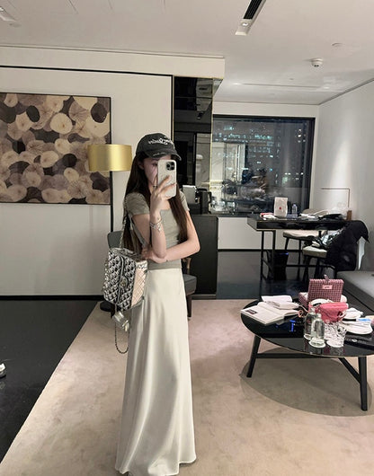 Wed. 人鱼姬流光 仿醋酸質感A字裙 白