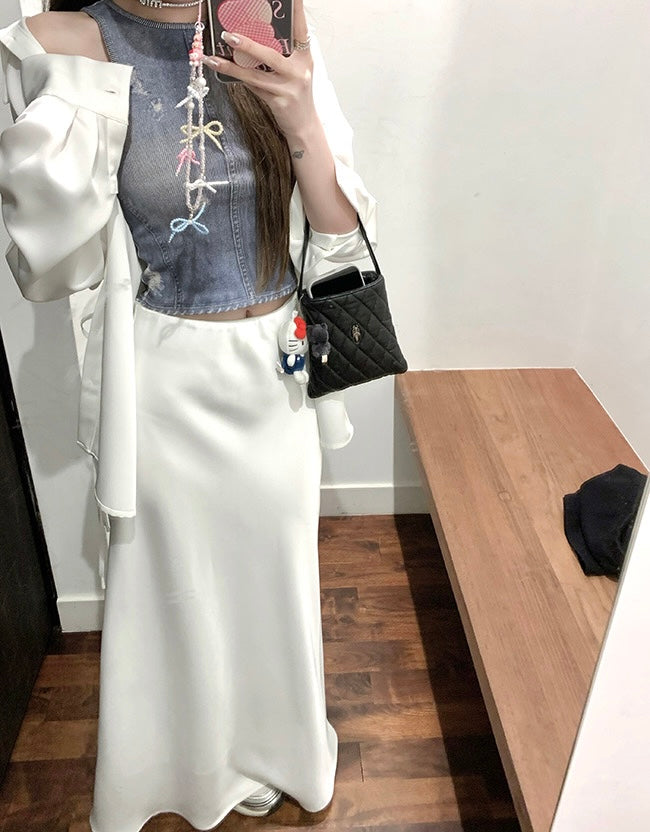 Wed. 人鱼姬流光 仿醋酸質感A字裙 白