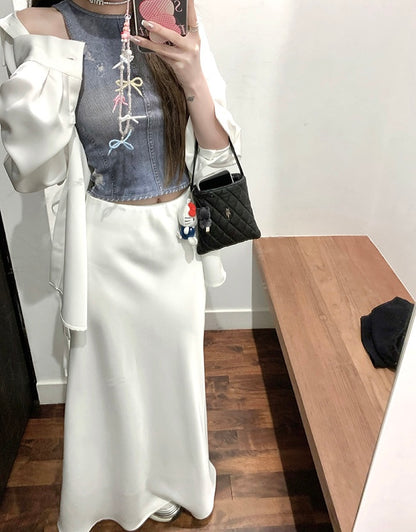 Wed. 人鱼姬流光 仿醋酸質感A字裙 白