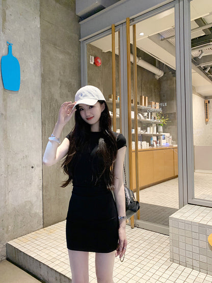 Wed. 懶人穿 氣質腰身抓皺顯瘦正肩連身裙 長短款 黑