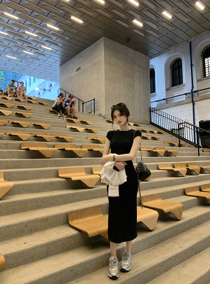 Wed. 懶人穿 氣質腰身抓皺顯瘦正肩連身裙 長短款 黑