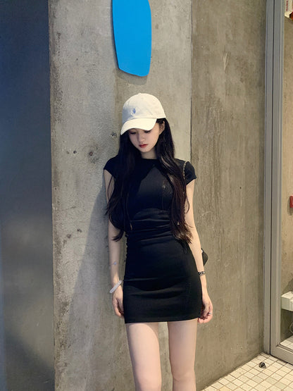 Wed. 懶人穿 氣質腰身抓皺顯瘦正肩連身裙 長短款 黑