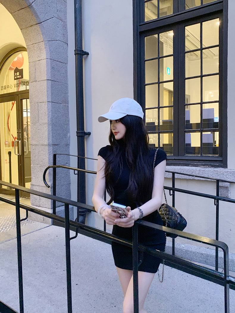 Wed. 懶人穿 氣質腰身抓皺顯瘦正肩連身裙 長短款 黑