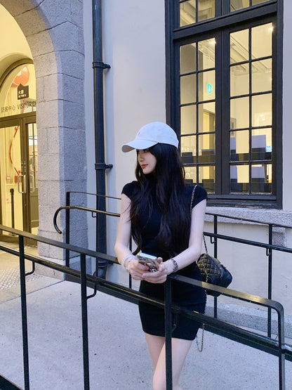 Wed. 懶人穿 氣質腰身抓皺顯瘦正肩連身裙 長短款 黑