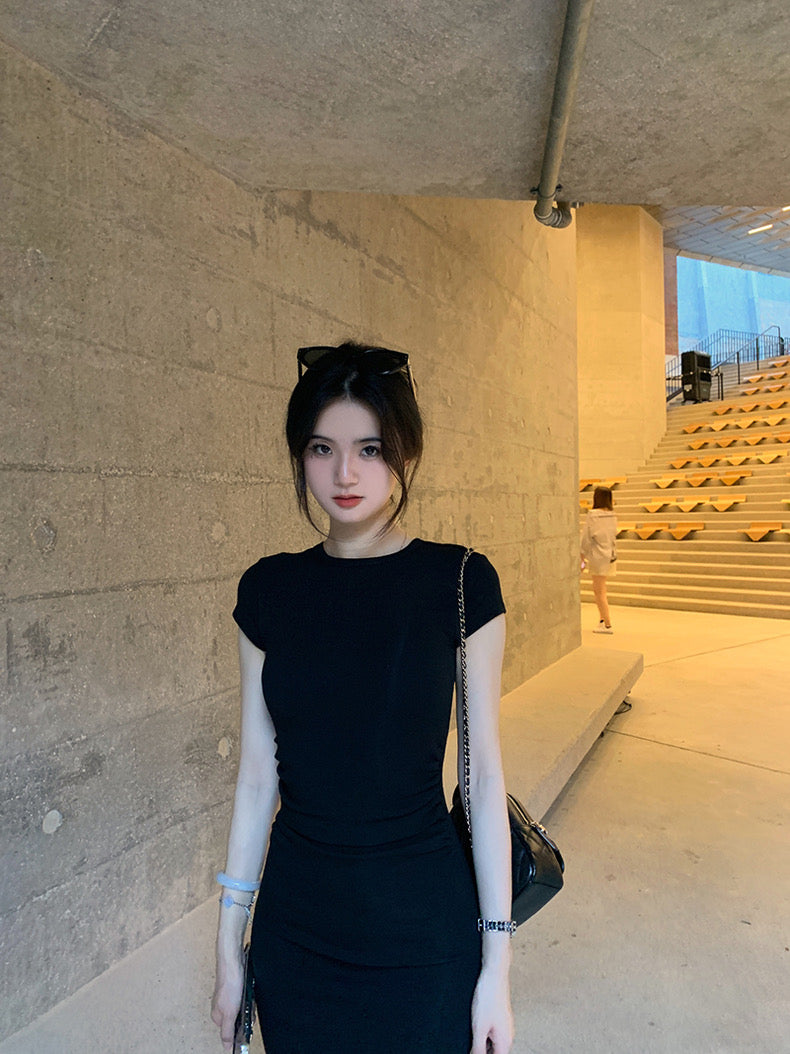 Wed. 懶人穿 氣質腰身抓皺顯瘦正肩連身裙 長短款 黑