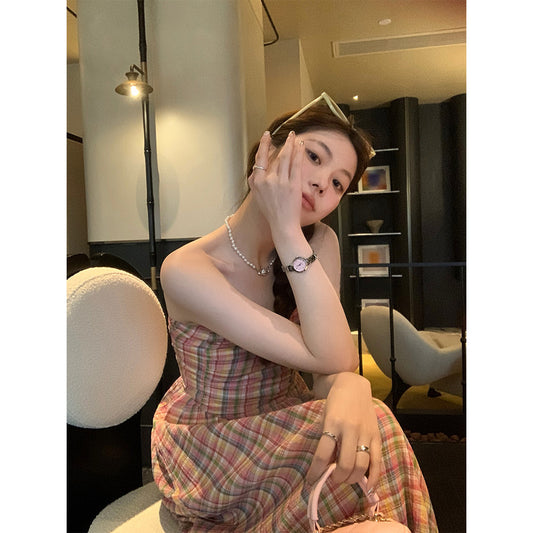 Sun. 春天彩格紋抹胸連身裙