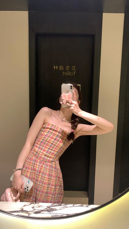 Sun. 春天彩格紋抹胸連身裙