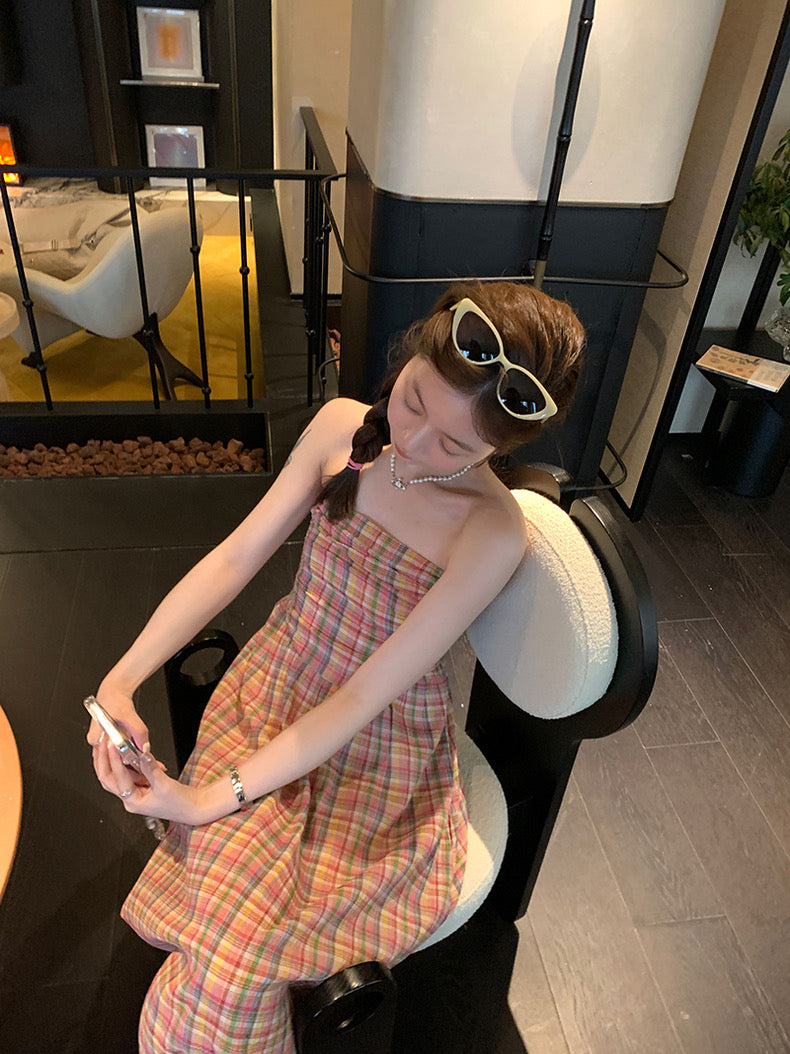 Sun. 春天彩格紋抹胸連身裙