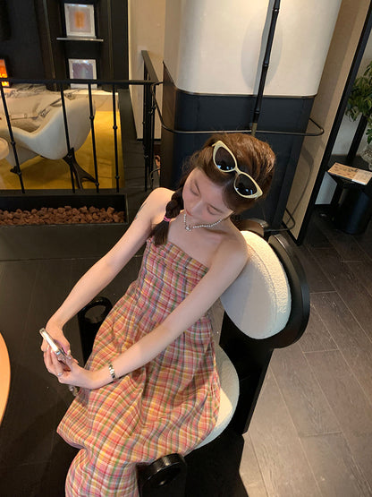 Sun. 春天彩格紋抹胸連身裙