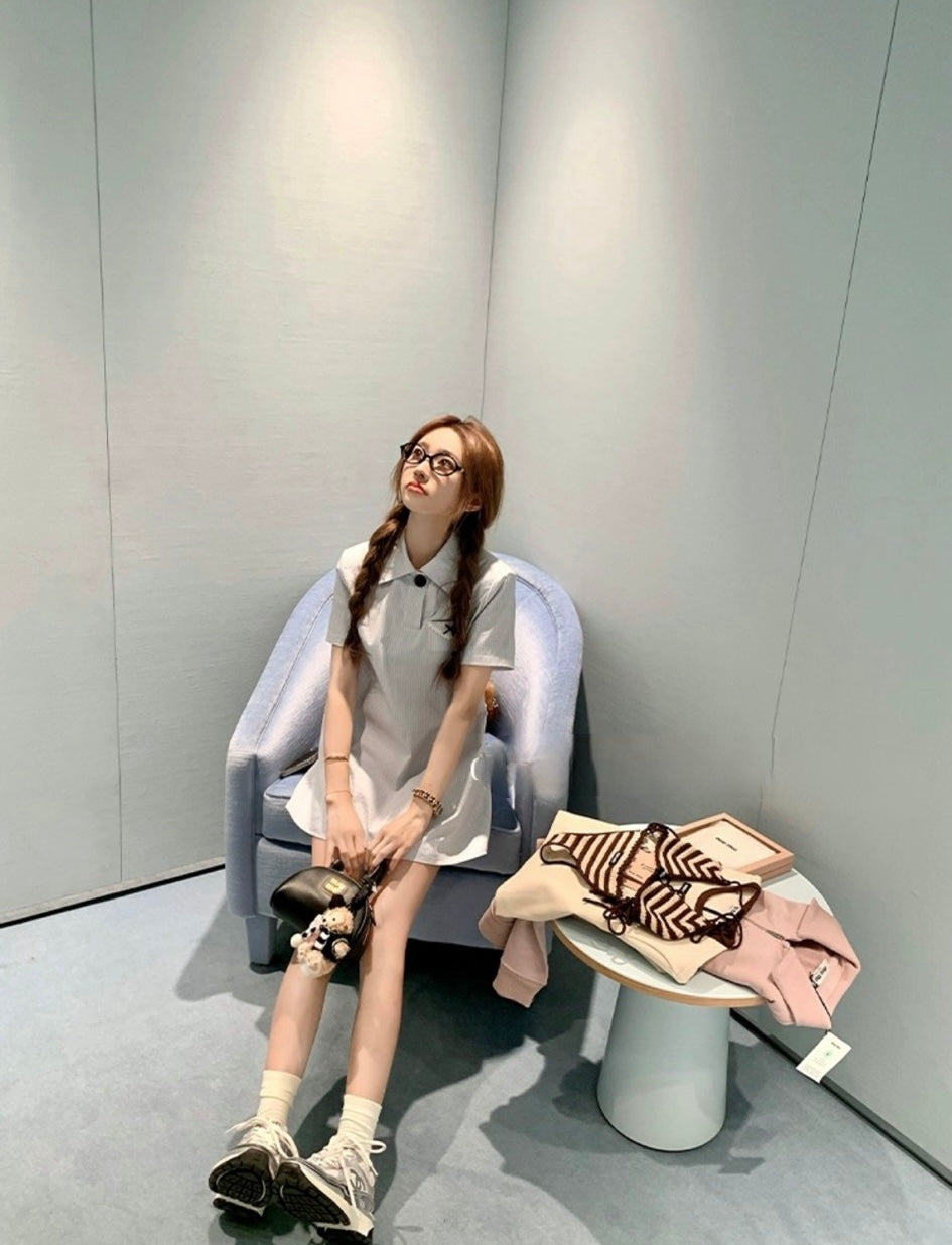 Wed. 輕氧少女 嫩藍色條紋miu系百搭連身裙