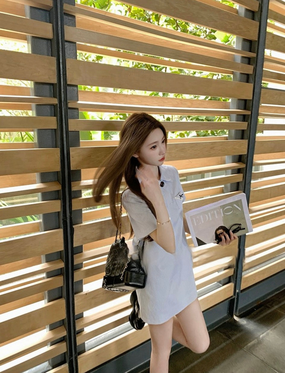 Wed. 輕氧少女 嫩藍色條紋miu系百搭連身裙