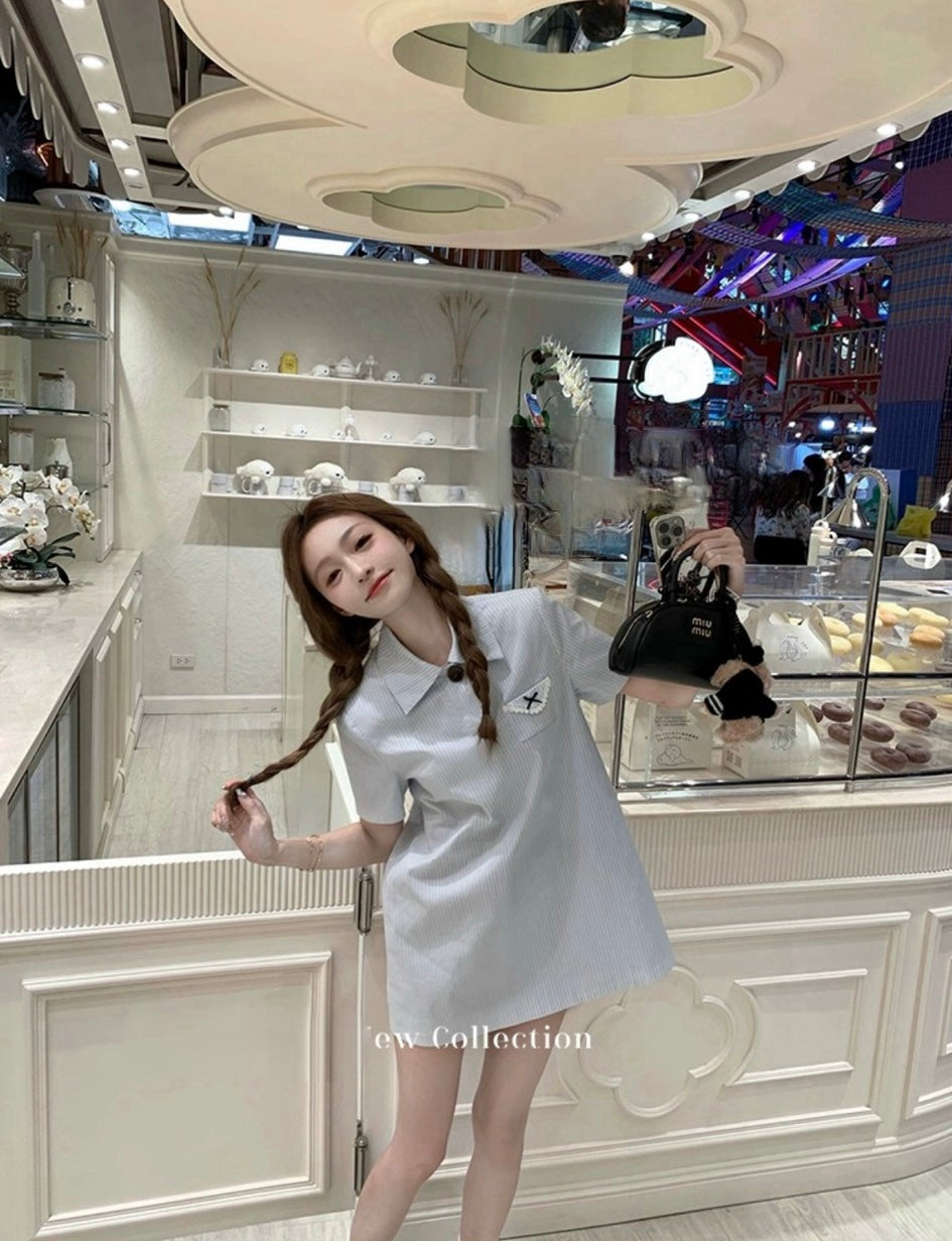 Wed. 輕氧少女 嫩藍色條紋miu系百搭連身裙