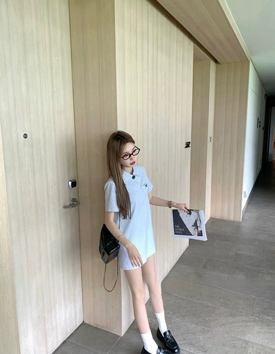 Wed. 輕氧少女 嫩藍色條紋miu系百搭連身裙