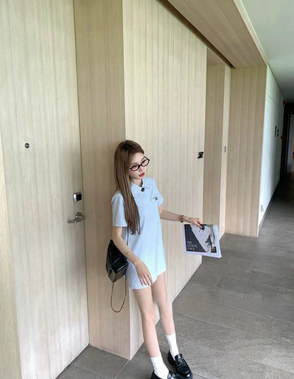 Wed. 輕氧少女 嫩藍色條紋miu系百搭連身裙