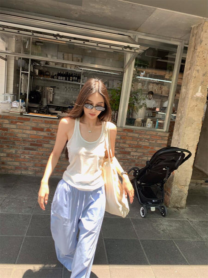 Mon. 小個子福音 白開水簡約淺藍色休閒褲