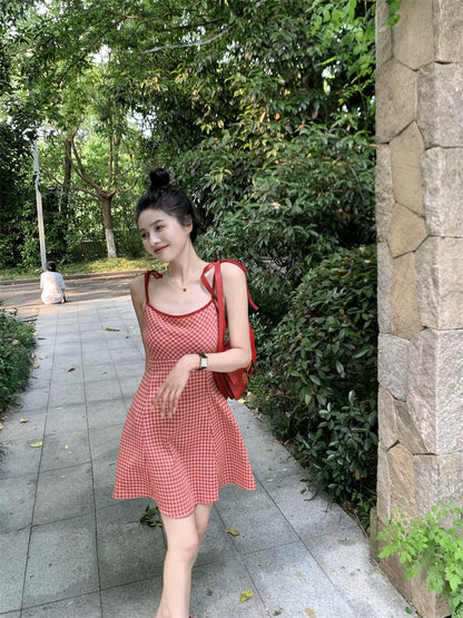 Wed. 經典復古格紋可疊穿紅色甜美連身裙