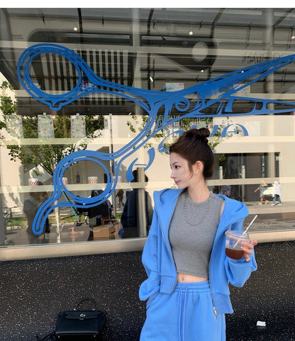 Wed. 慵懶週末outfits 時髦連帽落肩懶人套裝 藍