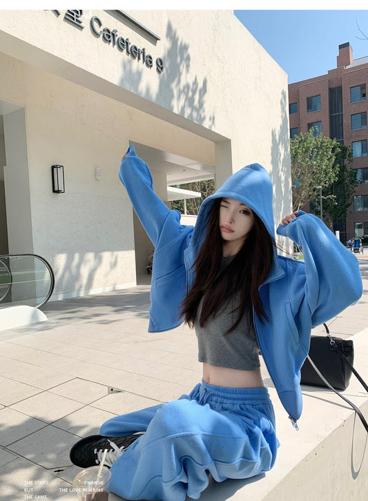 Wed. 慵懶週末outfits 時髦連帽落肩懶人套裝 藍