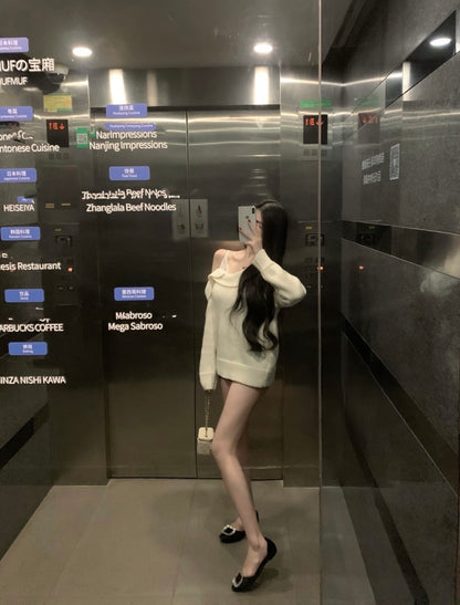 Wed. 古早甜心千金 氣質斜肩蕾絲粗線 假兩件上衣 灰/米白