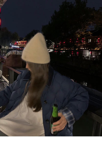 Sun. 菱格壓紋 正反兩穿襯衫領棉服 藍格
