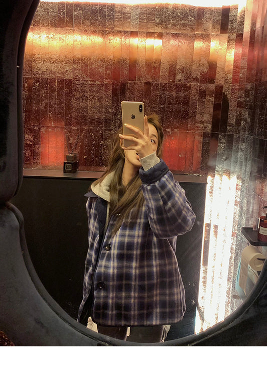 Sun. 菱格壓紋 正反兩穿襯衫領棉服 藍格