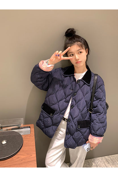 Sun. 菱格壓紋 正反兩穿襯衫領棉服 粉格