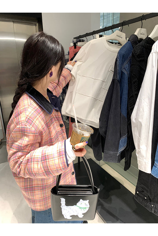 Sun. 菱格壓紋 正反兩穿襯衫領棉服 粉格