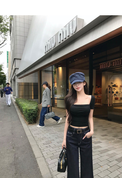 Mon. 自留 明線時髦原色牛仔直筒褲