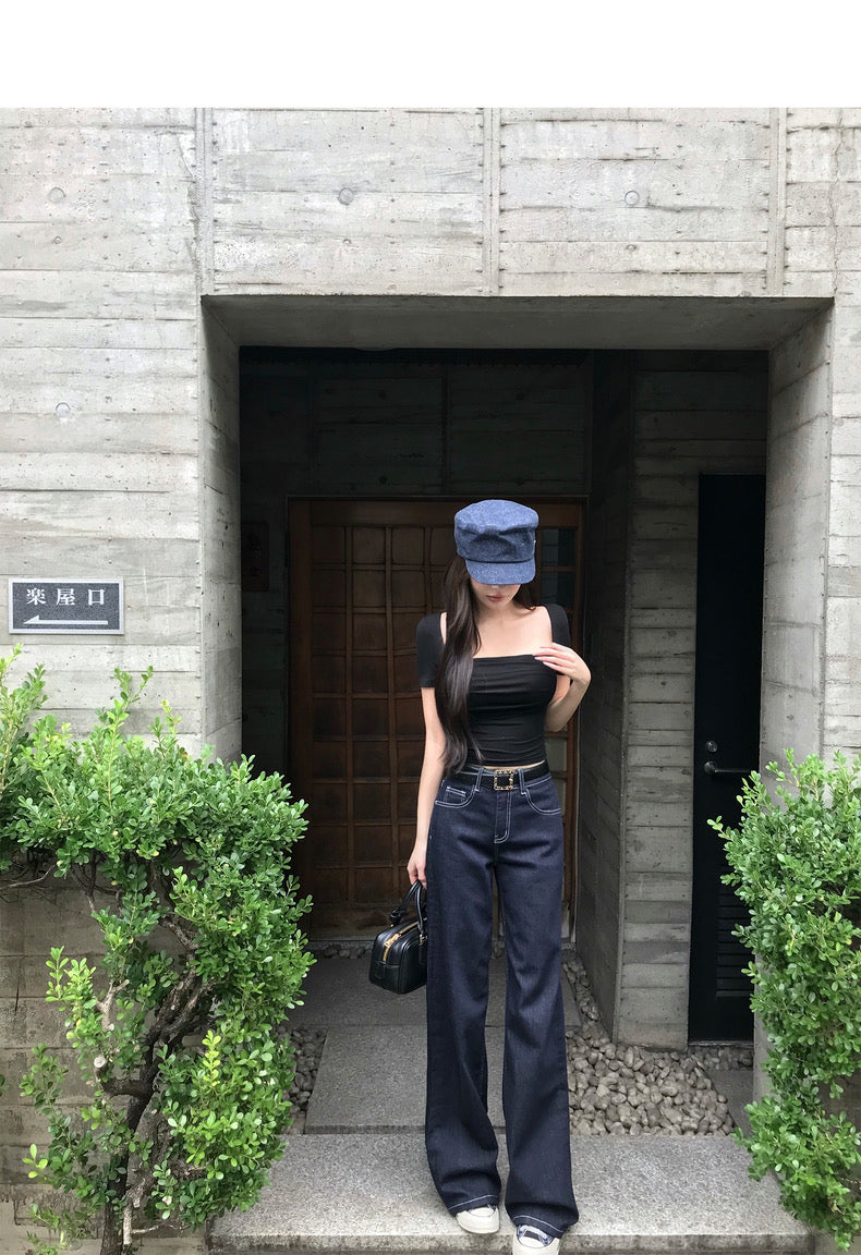 Mon. 自留 明線時髦原色牛仔直筒褲