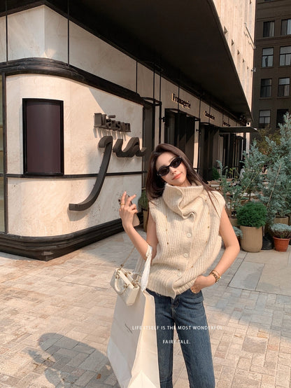 Sun. City Walk羊駝毛砂高領毛衣背心 米