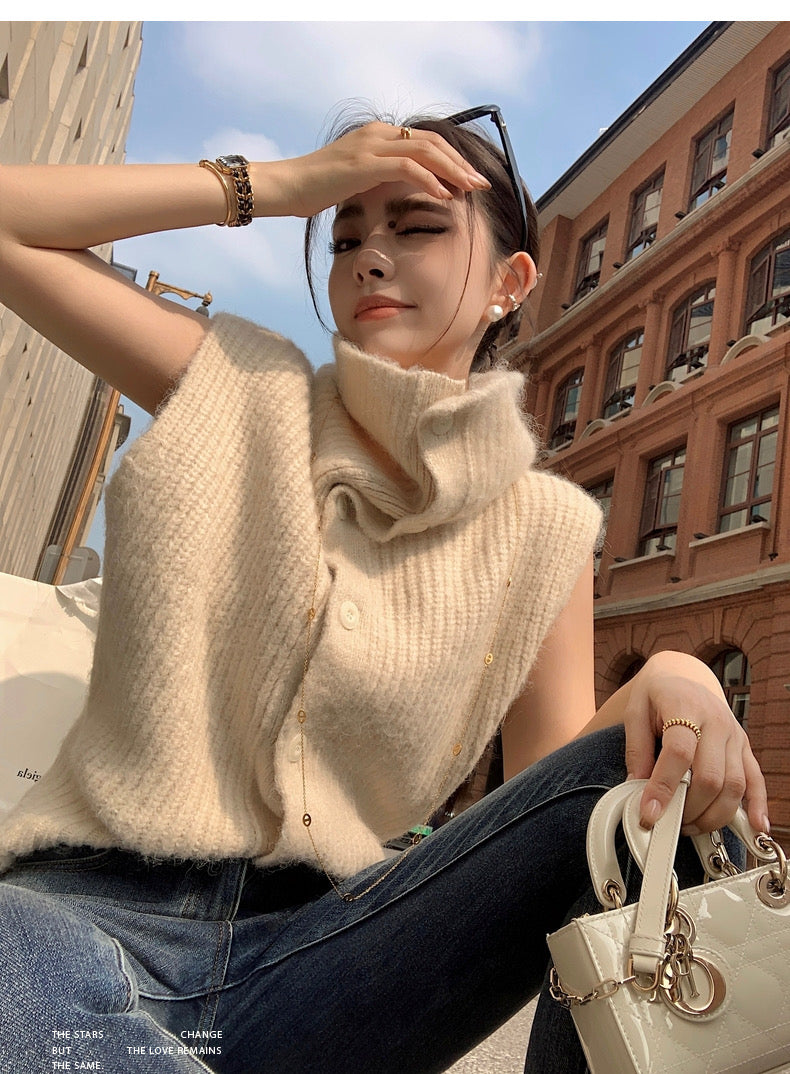Sun. City Walk羊駝毛砂高領毛衣背心 米