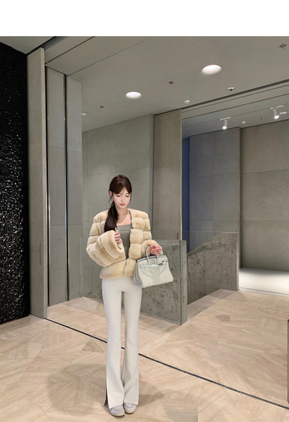 Mon. 韓女長腿 百搭側開叉顯瘦喇叭休閒褲 米色