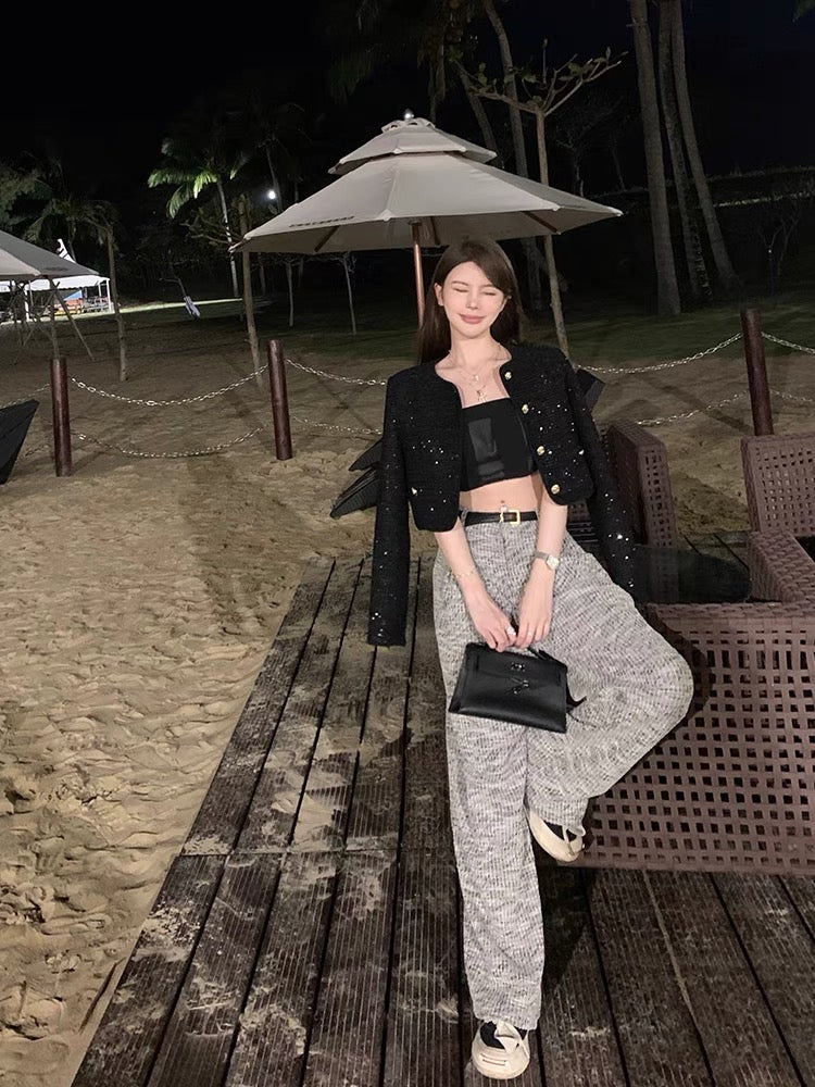 Wed. 小香亮絲混紗編織闊腿褲
