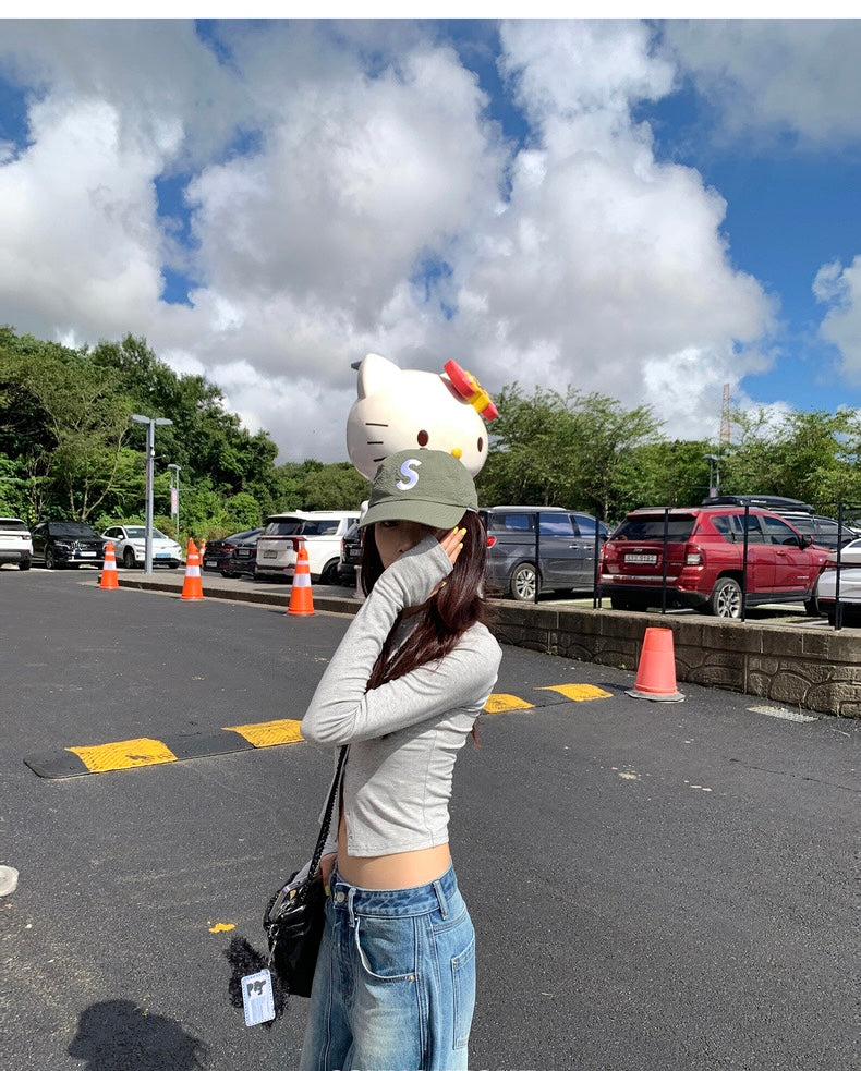Wed. 基礎圓領打底薄款排扣長袖上衣 灰