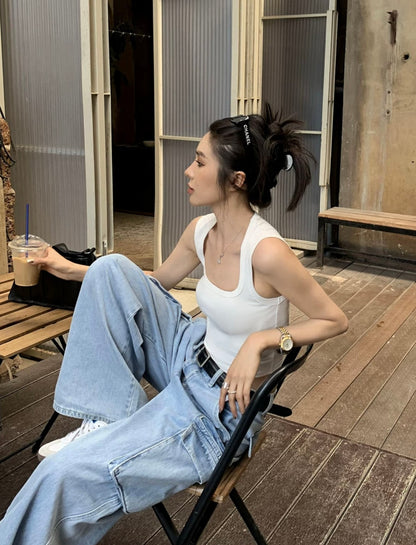 Mon. 修身U領新款圓弧背心 白