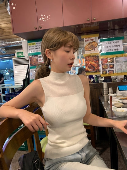 Wed. 16針單面紗半高領打底背心 白