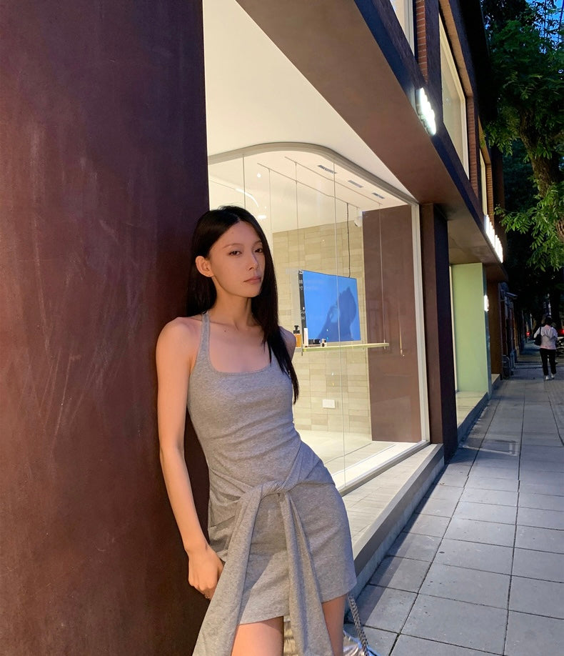 Sun. 懶人穿搭 顯瘦假兩件式吊帶連身裙 黑/灰