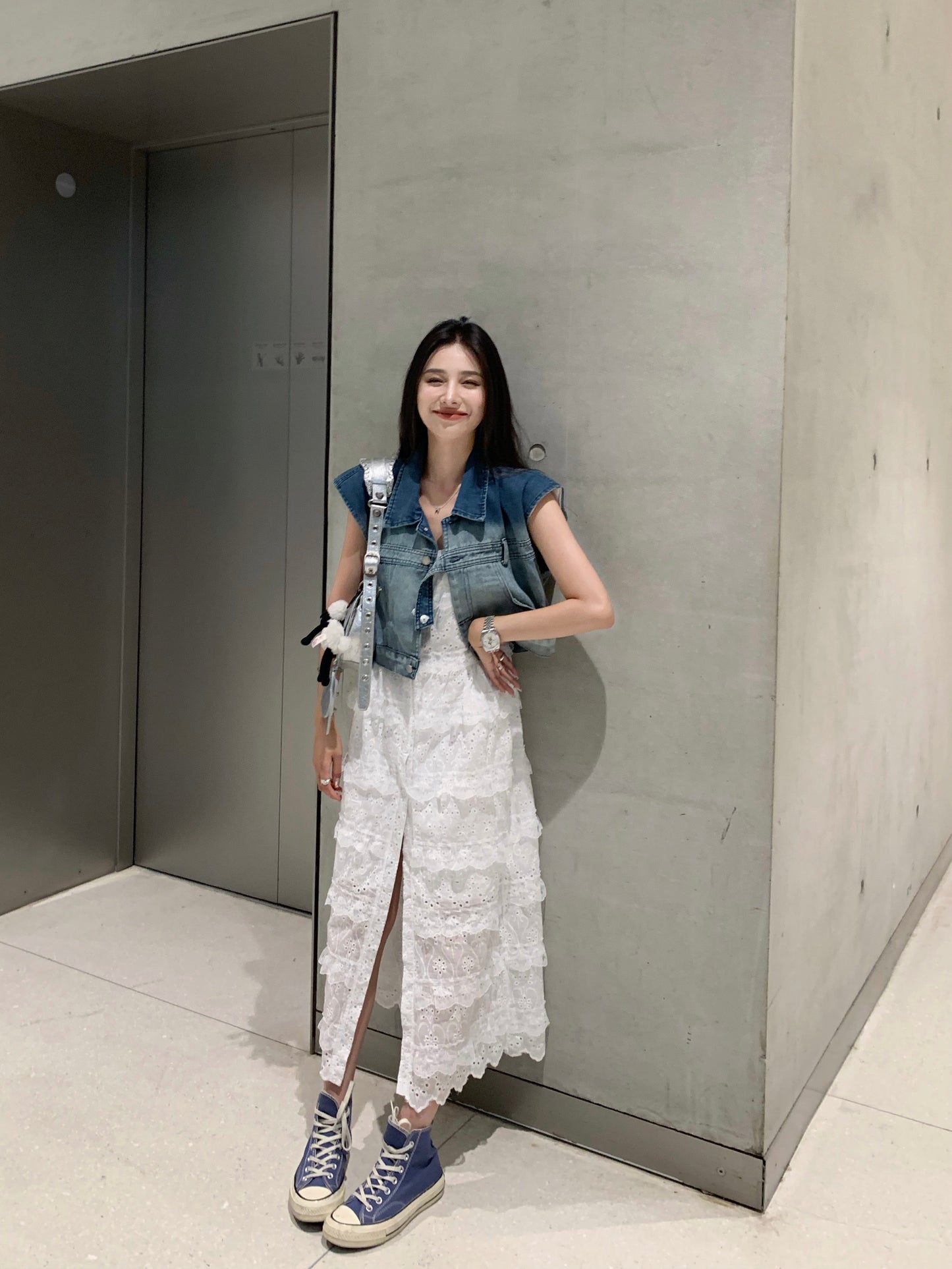 Wed. 休閒漸變牛仔背心 唯美氣質蕾絲蛋糕裙洋裝