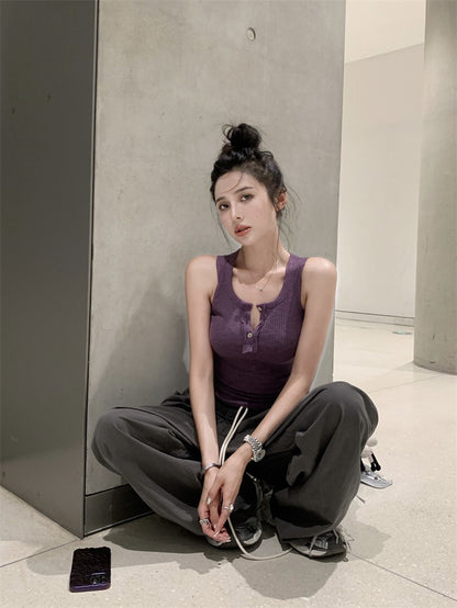 Fri. 美式鈕扣背心2色 廓形抽繩運動褲